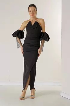 Плиссированное платье с высоким воротником и низкими сетчатыми рукавами