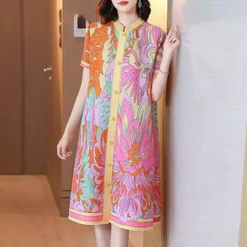 Плиссированное тонкое летнее и весеннее платье женское повседневное свободное женское модное платье с коротким рукавом и воротником-стойкой с принтом женские топы M розовый