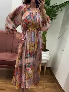 Плиссированное женское платье с рукавами-фонариками и принтом, свободное нерегулярное летнее женское платье для отдыха и вечеринки M