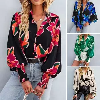Плиссированные эластичные манжеты с длинными рукавами и лацканами, однобортная женская рубашка, модная офисная рубашка с цветочным принтом, уличная одежда 2XL красный