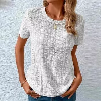 Плиссированные ажурные рубашки с коротким рукавом женские повседневные блузки с круглым вырезом летние однотонные топы свободные блузки M белый
