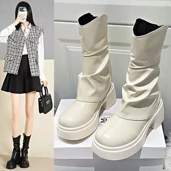 Плиссированные кремовые сапоги на толстом каблуке - 2025 осень/зима британская мода женские сапоги на высоком каблуке 36 кремовый/белый