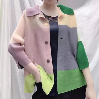 Плиссированные куртки женские хит цвета плед дикие свободные однобортные пальто с воротником с лацканами летняя одежда One Size чёрный