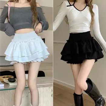 Плиссированные мини-кюлоты Плиссированная эластичная высокая талия с рюшами и многослойным подолом Сплошной цвет Короткая юбка Трапецеидальная юбка-тортик S чёрный