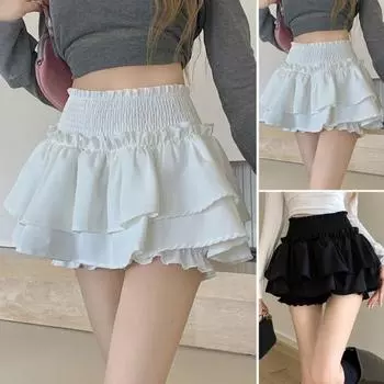 Плиссированные мини-кюлоты Плиссированные эластичные высокие талии с рюшами Многослойный подол Сплошной цвет Короткая юбка Трапеция Торт S чёрный