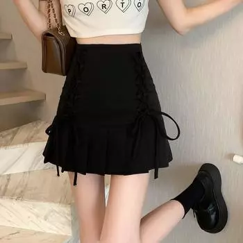 Плиссированные мини-юбки женские на шнуровке тонкие нежные летние горячо-сладкие с высокой талией простые девичьи элегантные модные универсальные юбки S чёрный