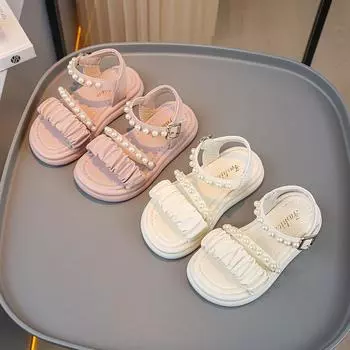 Плиссированные сандалии для девочек, детские сандалии для принцесс, летняя мода, жемчужные туфли для маленьких детей, нескользящие, размер 26-36 26 розовый