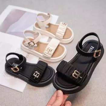Плиссированные сандалии для девочек, мягкая подошва, сандалии для маленьких принцесс, модная детская летняя пляжная обувь, однотонные простые 2024 г., новинка 26 чёрный