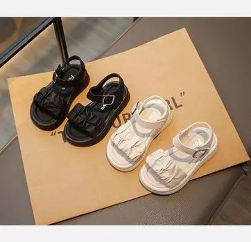Плиссированные сандалии для девочек, простые открытые носки, детские туфли принцессы Мэри Джейн для вечеринки, свадьбы, летняя пляжная обувь для детей, толстая подошва 27 чёрный