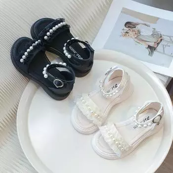 Плиссированные сандалии принцессы для девочек, детские сандалии-гладиаторы, модные детские сандалии на плоской подошве с жемчугом, однотонные сандалии с липучкой, 2024 г., новинка 26 чёрный