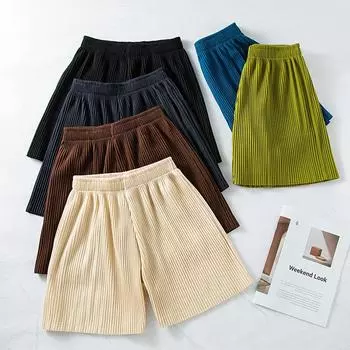 Плиссированные шорты с широкими штанинами, женские летние модные удобные дышащие шорты с высокой талией, утягивающие простые свободные черные повседневные брюки, спортивные штаны M чёрный