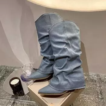 Плиссированные синие джинсовые ботинки Модные женские ботинки челси Осень-зима Ботинки на среднем каблуке 2024 Новая женская обувь Botas Altas Mujer 35