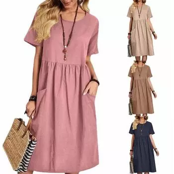 Плиссированные свободные женские платья с круглым вырезом и короткими рукавами и карманами, большие размеры XXXXXL кофейный