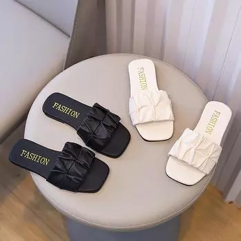 Плиссированные тапочки для девочек, детские тапочки на плоской подошве, нескользящие универсальные тапочки для маленьких детей, летняя пляжная обувь 2024 года, новинка 26 чёрный