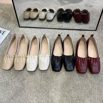 Плиссированные туфли на плоской подошве, женские повседневные туфли с квадратным носком, летние туфли 2024 года, женские модные регулируемые прогулочные туфли с эластичной резинкой 4 бежевый