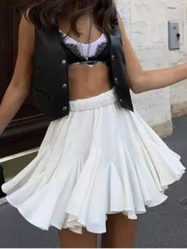 Плиссированные юбки в японском стиле каваи, женские плиссированные юбки с высокой талией, уличная юбка Sweet Fairy Y2k, женская однотонная модная милая новая одежда с воланами S чёрный