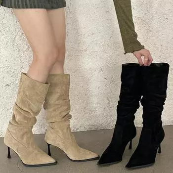 Плиссированные женские сапоги до колена, модные туфли с острым носком, осень-зима, на высоком каблуке, женские сексуальные длинные сапоги 35