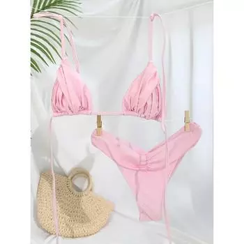 Плиссированный бразильский комплект бикини, сексуальные микробикини, женский купальник 2023 года, женский купальник-треугольник, пляжная одежда, купальный костюм S фиолетовый