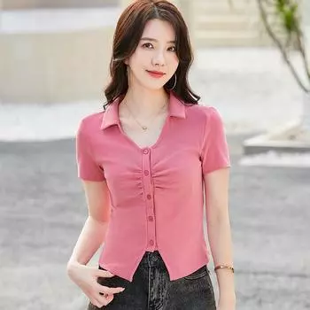 Плиссированный кардиган на пуговицах с лацканами, милый повседневный высококачественный женский топ с короткими рукавами, тонкий эластичный хлопковый топ в корейском стиле S белый