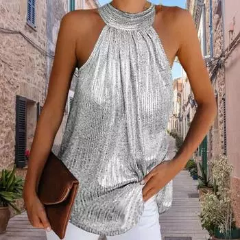 Плиссированный свободный пуловер с открытыми плечами, женский жилет без рукавов с лямкой на шее, женская одежда M золотистый