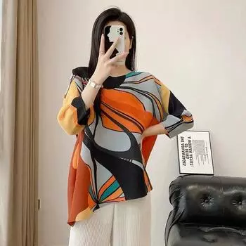 Плиссированный топ с женским принтом, новый летний свободный и обтягивающий фасон, универсальный дизайн и молодежный тренд футболок. M оранжевый