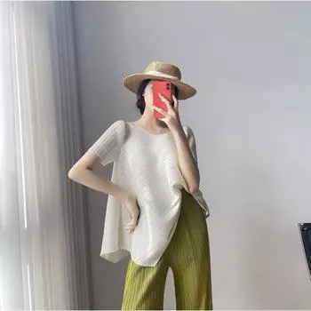 Плиссированный женский топ с неровными складками, круглым вырезом с короткими рукавами, свободный и обтягивающий, нишевая футболка, тонкое лето