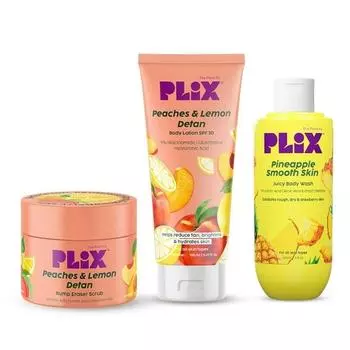 PLIX - THE PLANT FIX Персики и лимон Detan Bump Eraser Scrub (200г), Лосьон для тела SPF 30 (150мл), & Ананас Гладкая кожа Сочный гель для душа (236мл)
