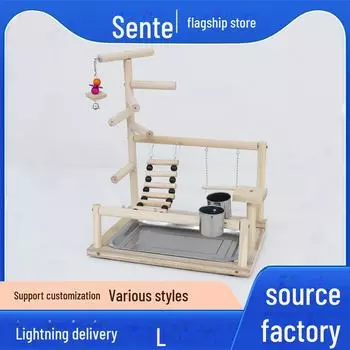 Площадка для лазания попугаев: Многоуровневая подставка с насестом, лестницей для птиц, качелями и удочкой из цельного дерева M044#, Small and medium-sized parrots