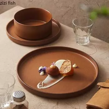 Плоская коричневая тарелка Kiln Changes Креативная керамическая тарелка для стейков Десертная тарелка Тортницы Молекулярная кухня Специальная посуда