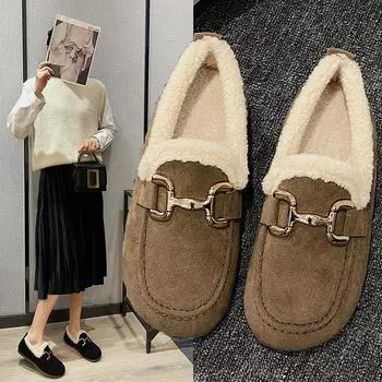 Плоская подошва с круглым носком осенне-зимние новые мягкие подошвы из мягкой кожи бархатные теплые маленькие кожаные туфли женские хлопковые туфли 36 чёрный