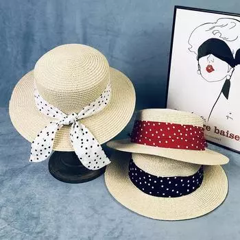 Плоская шляпа, женская летняя элегантная соломенная шляпа в горошек, солнцезащитная шляпа для пляжа и моря, британская шляпа-цилиндр, свежая шляпа от солнца M56-58cm чёрный
