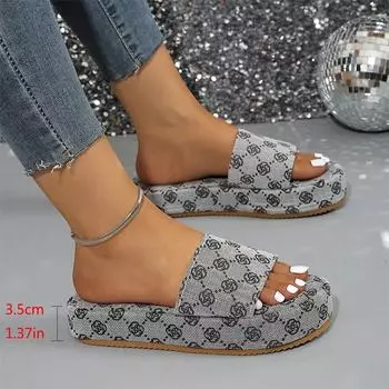 Плоские/3,5 см женские цветочные тапочки на платформе шлепанцы модные широкие ремешки вышитые цветы тканевые тапочки женские домашние тапочки EUR 36