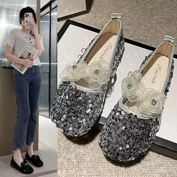 Плоские одинарные туфли женские 2025 лето новые модные универсальные туфли с мелким горлом со стразами и блестками в виде цветка феи ветра бобовые туфли женские 35 розовый