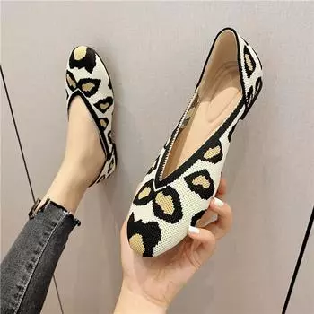 Плоские одинарные туфли женские с круглым носком и мелким горлом вязаные летящие нити вязаные летящие вязаные женские туфли 34 цветной печати леопарда