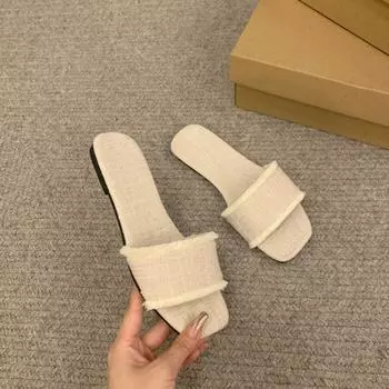 Плоские однотонные модные классные тапочки 2025 года, лето, новая корейская версия, ретро-тапочки с открытым носком, легкие 36