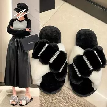 Плоские пушистые меховые тапочки женские блестящие перламутровые теплые пушистые тапочки женские зимние домашние шлепанцы домашние плоские тапочки для дома 36 чёрный