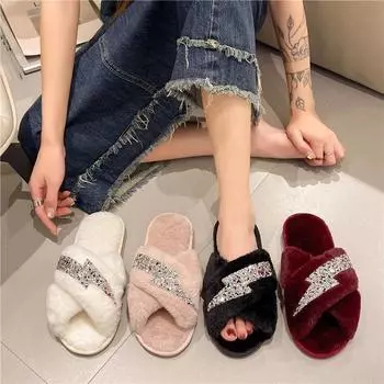 Плоские пушистые меховые тапочки женские блестящие теплые меховые тапочки женские шлепанцы домашние тапочки плоские тапочки для дома 36 чёрный