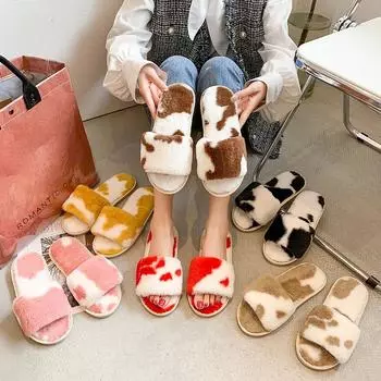 Плоские пушистые меховые тапочки женские цветные теплые меховые тапочки женские зимние домашние шлепанцы домашние тапочки плоские тапочки для дома 36 красный