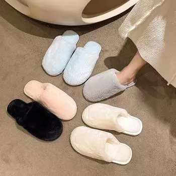 Плоские пушистые меховые тапочки женские с круглым носком, мягкие пушистые тапочки женские зимние шлепанцы Slis для дома 36 бежевый