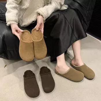 Плоские пушистые тапочки женские повседневные тапочки осень-зима 2024 плюшевые хлопковые тапочки 35 коричневый