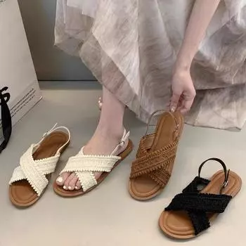 Плоские ретро-плетеные маленькие классные тапочки женская обувь летняя одежда 2024 новые летние сандалии для отдыха на море 35 чёрный