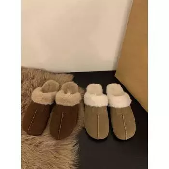 Плоские ретро тапочки Boken плюшевые женские туфли 2025 новые хлопковые туфли baotou half-drag snow 35 коричневый