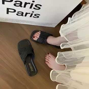 Плоские ретро женские тапочки новые летние квадратные носки повседневные домашние тапочки черные модные открытые носки Pantuflas De Mujer 35 чёрный