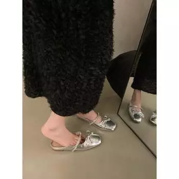 Плоские серебристые нежные полутапочки с сумочкой на голове, туфли-феи, новинка 2024 года, весенние и летние туфли с бантом 35 чёрный