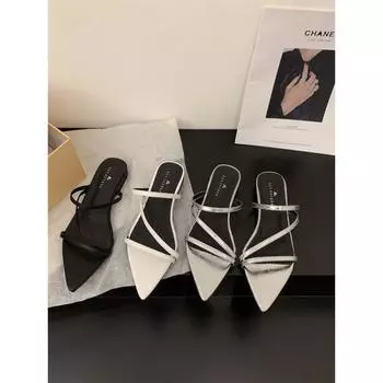 Плоские серебряные французские маленькие классные тапочки, сказочные туфли, новинка 2024 года, римские сандалии с тонким ремешком из одного слова 35 чёрный