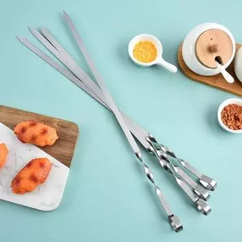 Плоские шампуры Вилки для барбекю Длинная деревянная ручка Шпага для шашлыка Шашлык для гриля Палочки из нержавеющей стали Игла для гриля на открытом воздухе