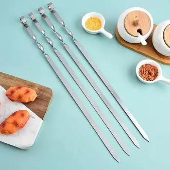 Плоские шампуры Вилки для барбекю Длинная деревянная ручка Шпага для шашлыка Шашлык для гриля Палочки из нержавеющей стали Игла для гриля на открытом воздухе
