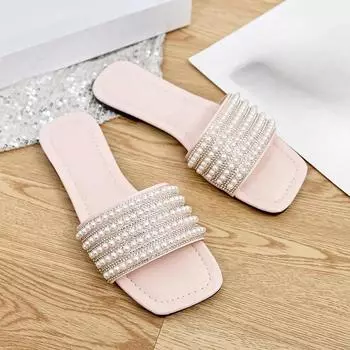 Плоские шлепанцы для женщин, модные женские сандалии с бисером, летние женские тапочки конфетных цветов 35