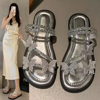 Плоские шлепанцы, женская новая летняя одежда, сандалии с круглой головкой и бабочкой, ромбовидной формы, на мягкой нескользящей подошве 35 грязно-белый