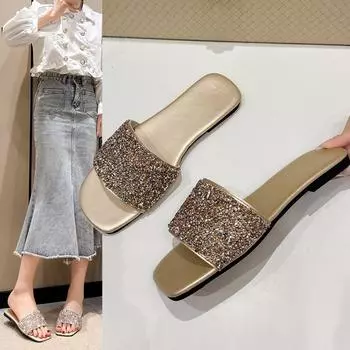 Плоские тапочки большого размера, модные стразы, сто удобных пляжных туфель, детская обувь 36 чёрный